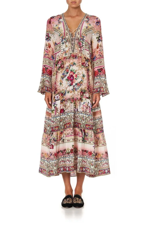 Camilla Modest Clothing Women Lace Up Dress With Tiered Hem Summoned By A Rose