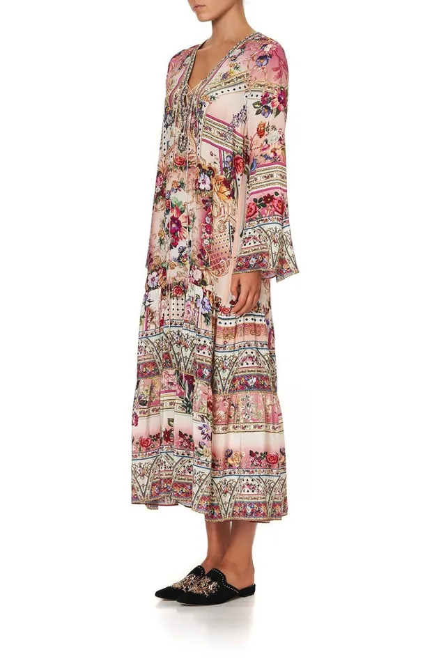 Camilla Modest Clothing Women Lace Up Dress With Tiered Hem Summoned By A Rose