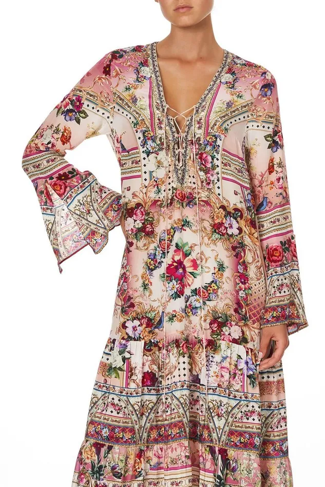 Camilla Modest Clothing Women Lace Up Dress With Tiered Hem Summoned By A Rose