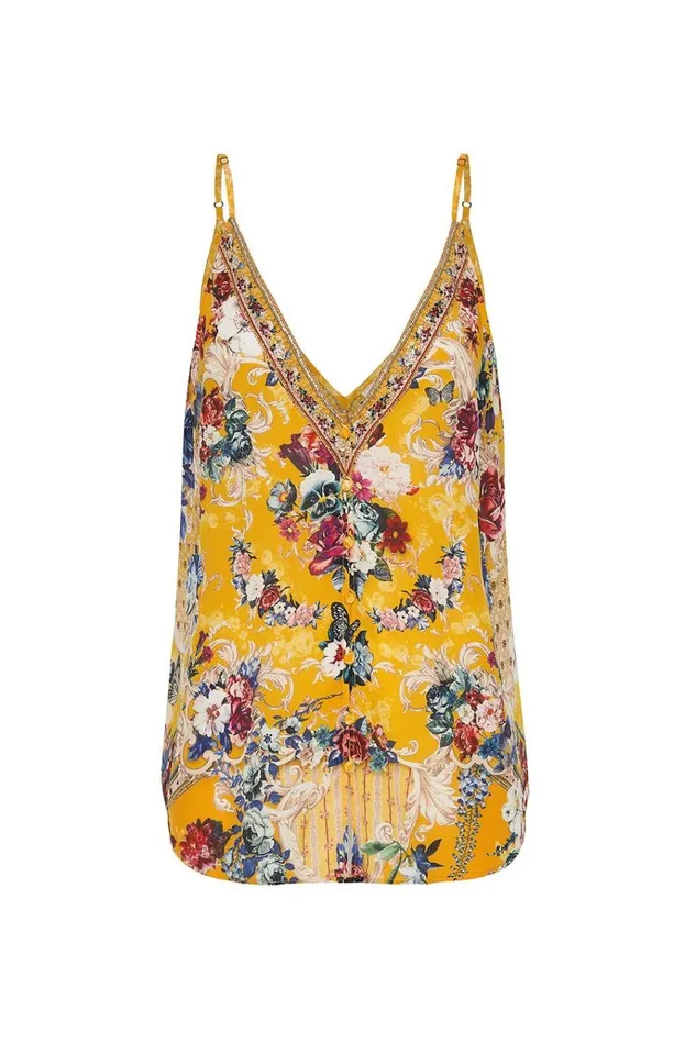 Camilla Tops Women Button Front V Neck Cami Crowned Roses