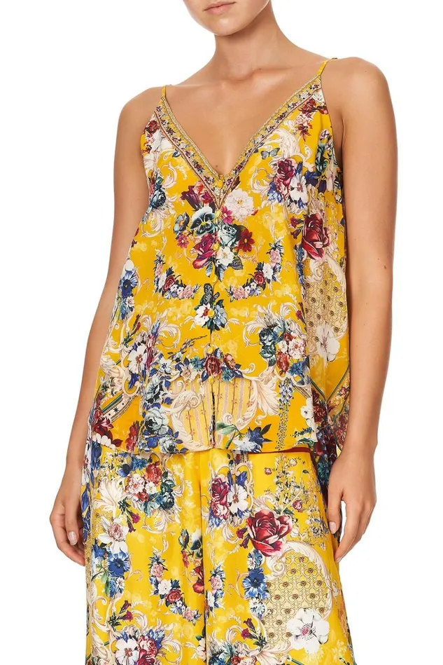 Camilla Tops Women Button Front V Neck Cami Crowned Roses