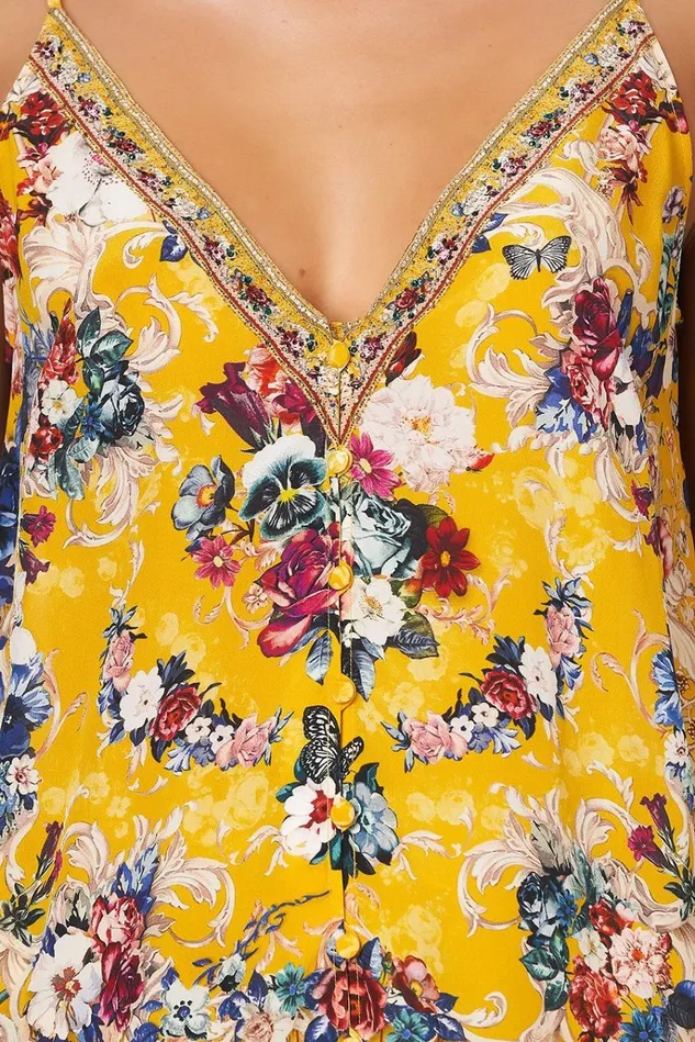 Camilla Tops Women Button Front V Neck Cami Crowned Roses