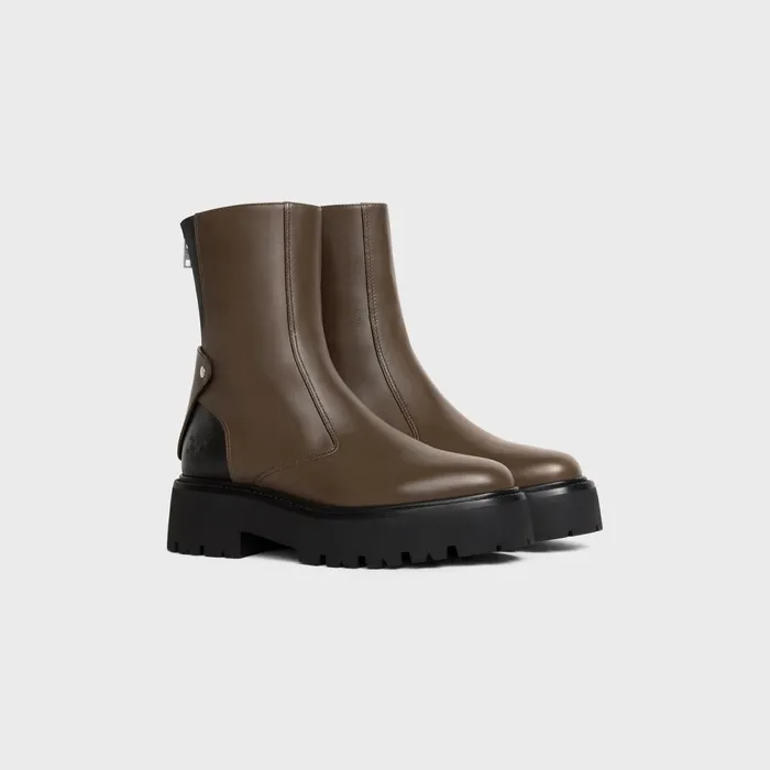 Celine Bulky Boots With Back Zip And Triomphe In Calfskin Khaki Black Women CELINE BOOTS AND ANKLE BOOTS