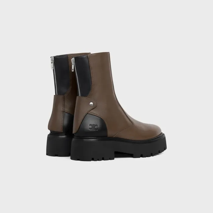Celine Bulky Boots With Back Zip And Triomphe In Calfskin Khaki Black Women CELINE BOOTS AND ANKLE BOOTS