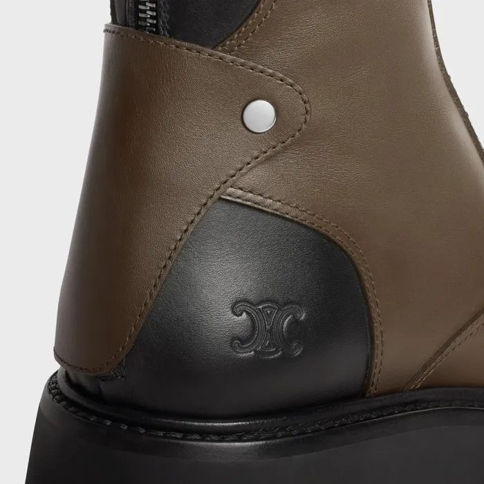 Celine Bulky Boots With Back Zip And Triomphe In Calfskin Khaki Black Women CELINE BOOTS AND ANKLE BOOTS