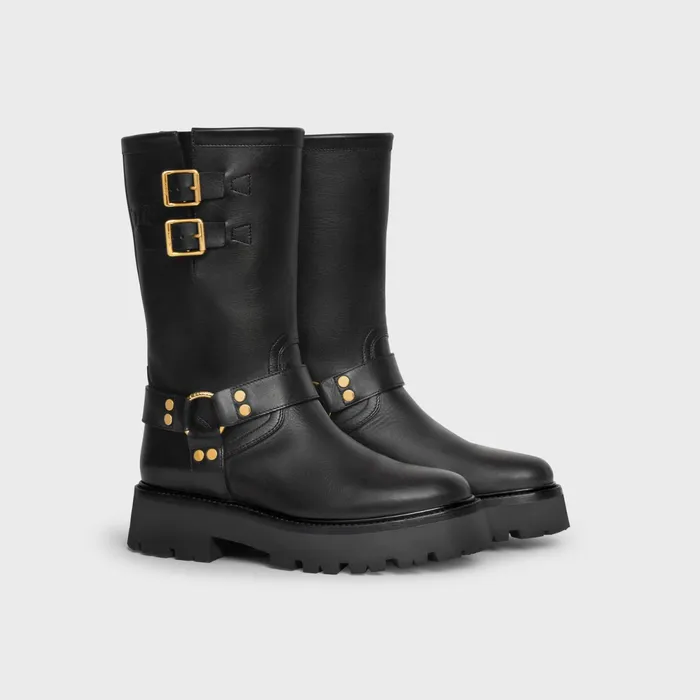Celine Bulky Mid Biker Boot With Harness In Calfskin 8211 Vegetal Tanning Black Gold Women CELINE BOOTS AND ANKLE BOOTS