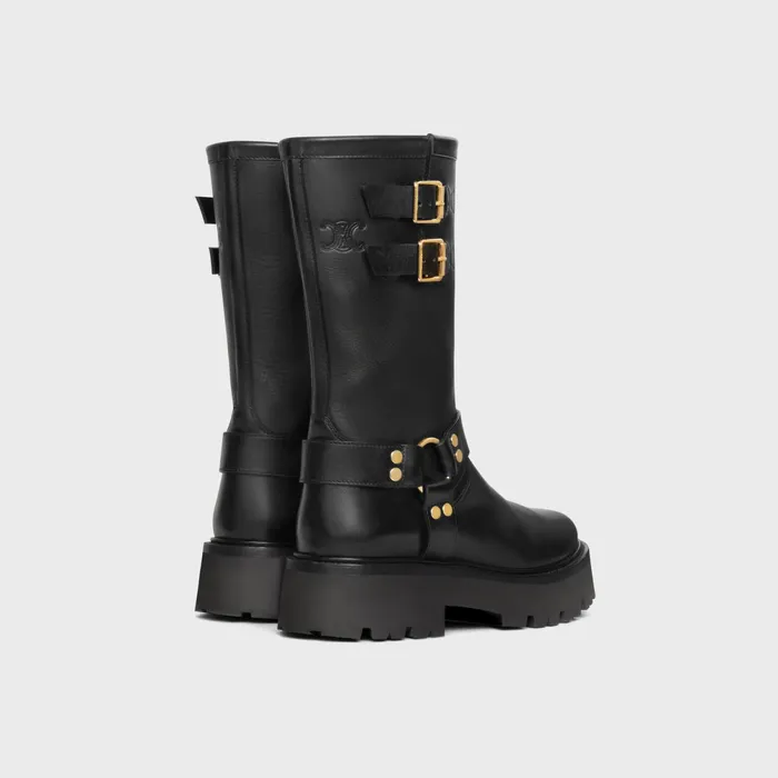 Celine Bulky Mid Biker Boot With Harness In Calfskin 8211 Vegetal Tanning Black Gold Women CELINE BOOTS AND ANKLE BOOTS
