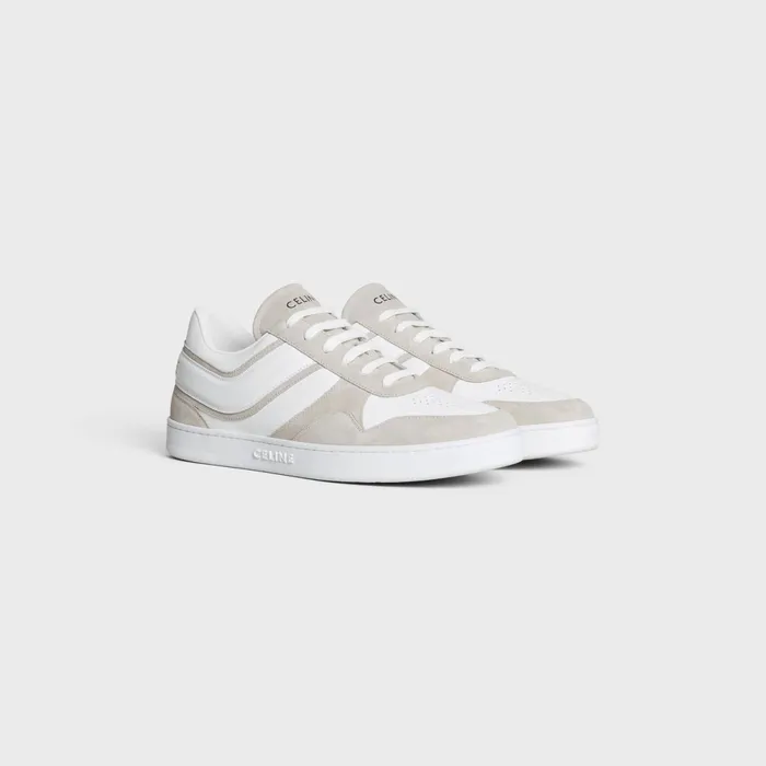 Celine Trainer Low LaceUp Sneaker In Suede Calfskin And Calfskin Light Beigeoptic White Men CELINE SNEAKERS