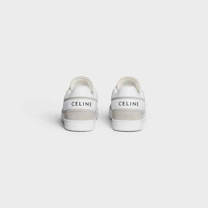 Celine Trainer Low LaceUp Sneaker In Suede Calfskin And Calfskin Light Beigeoptic White Men CELINE SNEAKERS