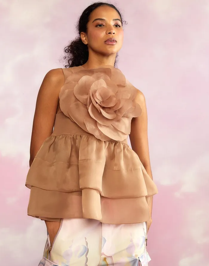 Chloe Organza Flower Top 8211 Camel Women Cynthia Rowley Tops