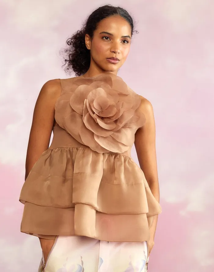 Chloe Organza Flower Top 8211 Camel Women Cynthia Rowley Tops