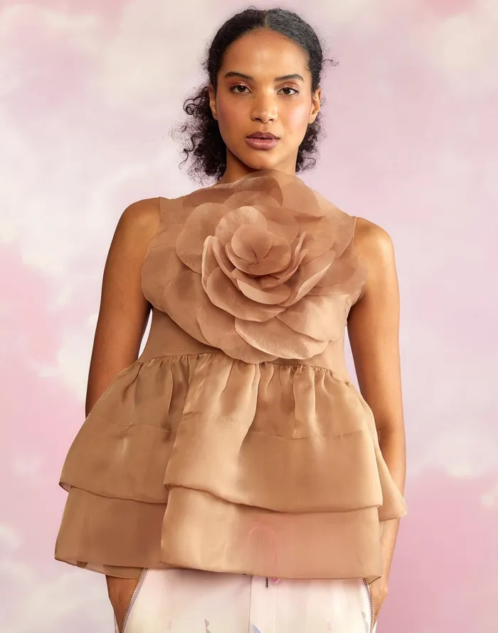 Chloe Organza Flower Top 8211 Camel Women Cynthia Rowley Tops