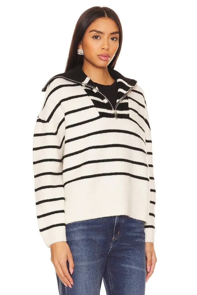 Clmence Half Zip Pullover Black and White Stripe Women Lovers and Friends Sweaters and Knits