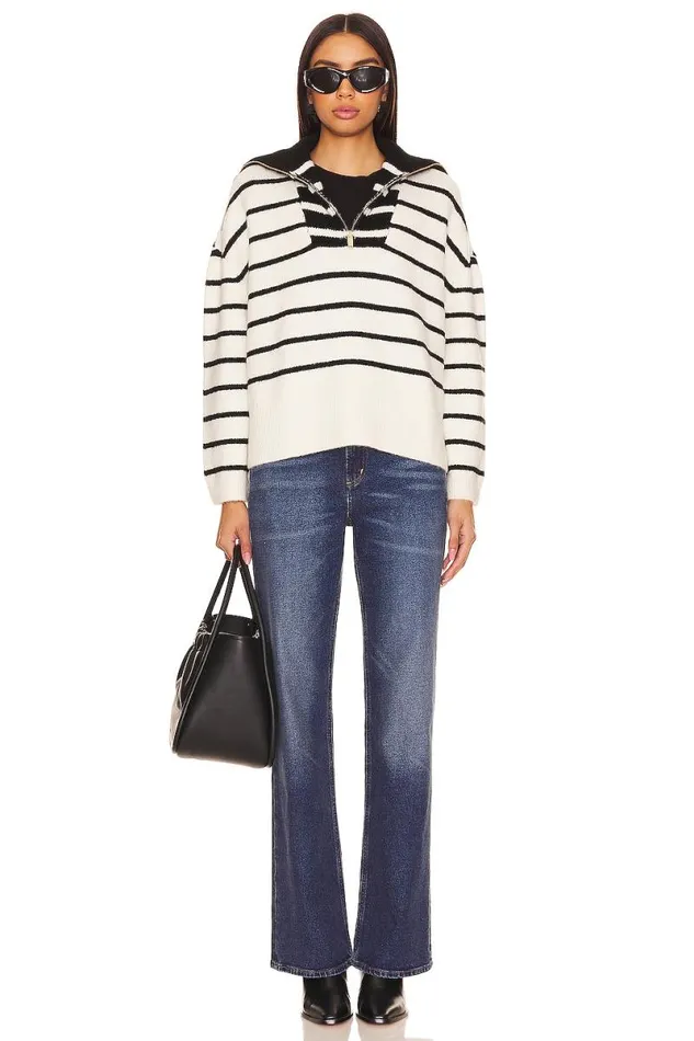 Clmence Half Zip Pullover Black and White Stripe Women Lovers and Friends Sweaters and Knits