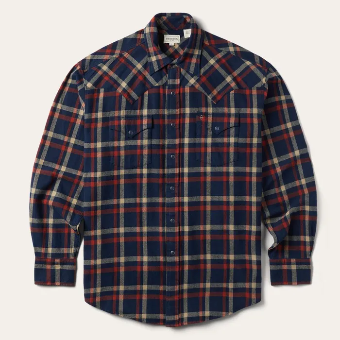 Classic Cut Men Stetson Brushed Twill Plaid Shirt Blue