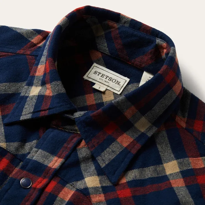Classic Cut Men Stetson Brushed Twill Plaid Shirt Blue