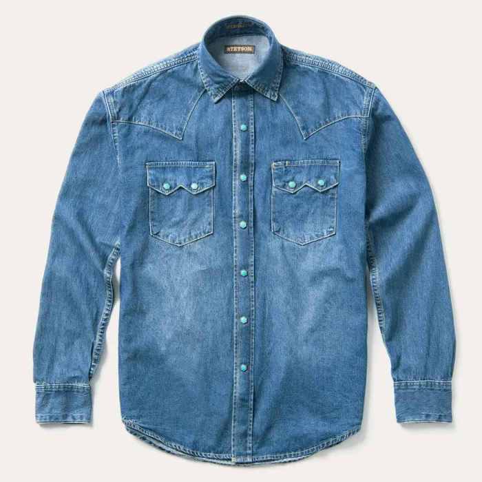 Classic Cut Men Stetson Turquoise Snap Western Denim Shirt Blue