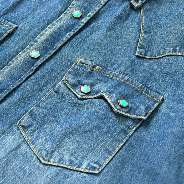 Classic Cut Men Stetson Turquoise Snap Western Denim Shirt Blue
