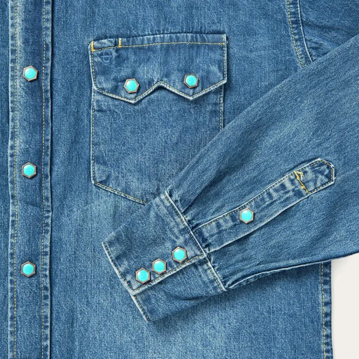 Classic Cut Men Stetson Turquoise Snap Western Denim Shirt Blue