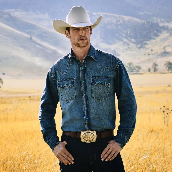 Classic Cut Men Stetson Turquoise Snap Western Denim Shirt Blue