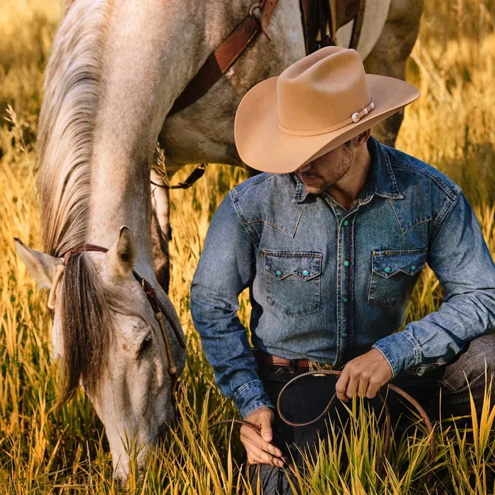 Classic Cut Men Stetson Turquoise Snap Western Denim Shirt Blue