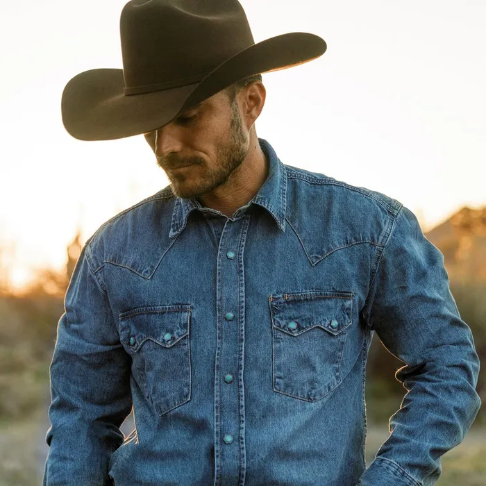 Classic Cut Men Stetson Turquoise Snap Western Denim Shirt Blue