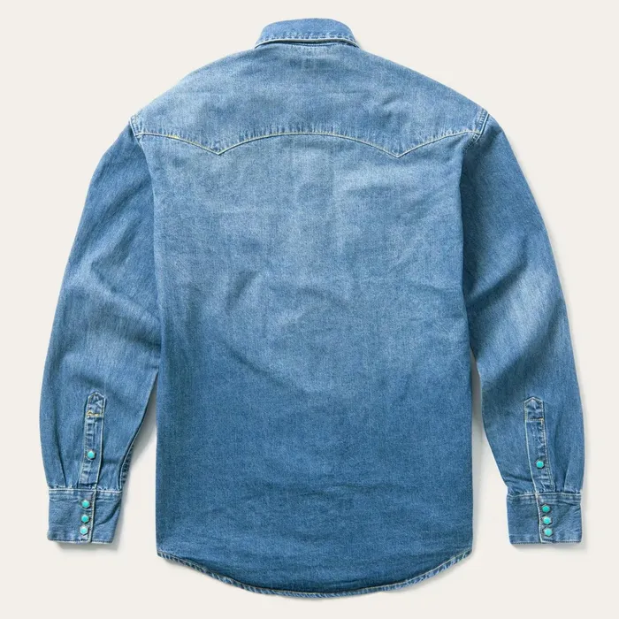 Classic Cut Men Stetson Turquoise Snap Western Denim Shirt Blue