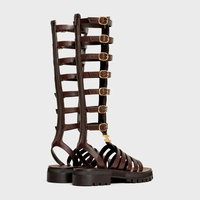 Clea Under The Knee Gladiator Sandal In Calfskin and Vegetal Tanning Dark Brown Women CELINE SANDALS