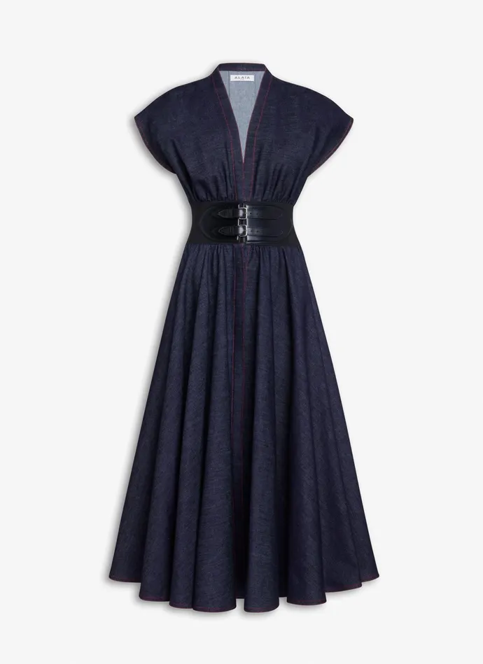 Dark Blue BELTED DRESS IN STRETCH RAW DENIM Women Alaa Dresses