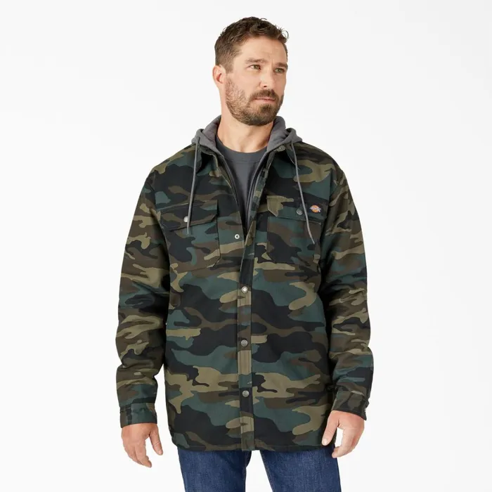 Dickies Outerwear Water Repellent Duck Hooded Shirt Jacket Hunter Green Camo Hunter Green Camo hrc 8211 Men