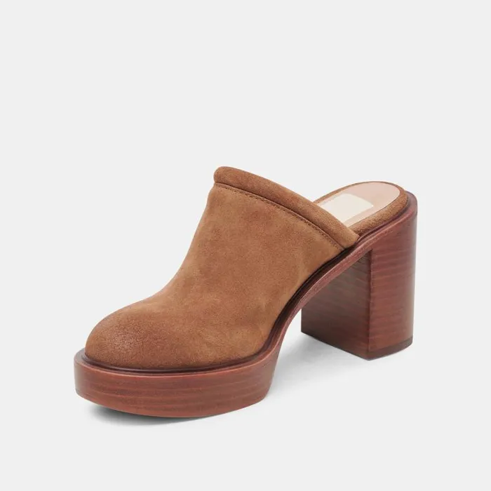Dolce Vita Castel Heels Chestnut Suede Women Mules and Clogs