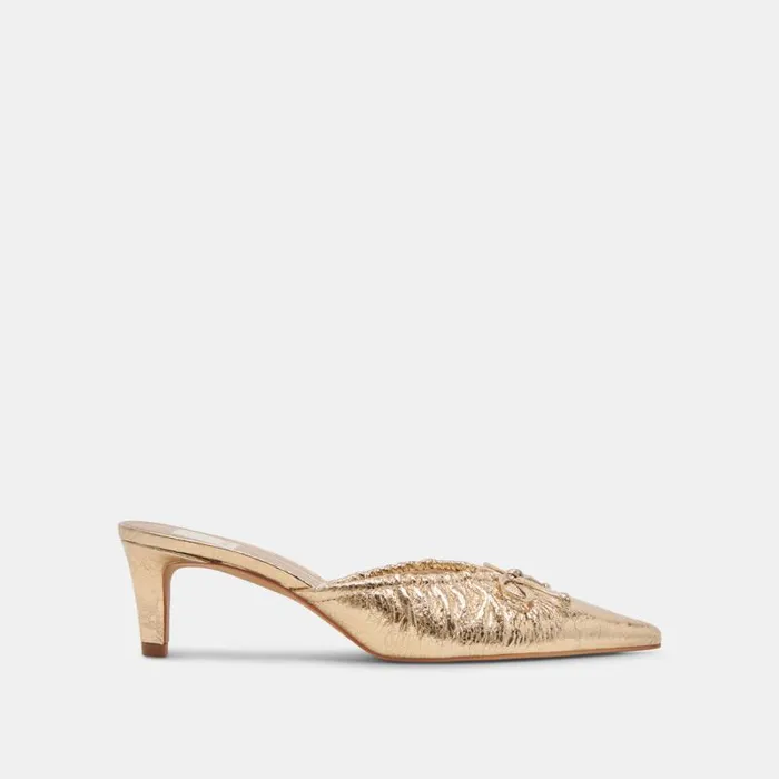 Dolce Vita Kairi Mid Heels Gold Distressed Leather Women Mules and Clogs