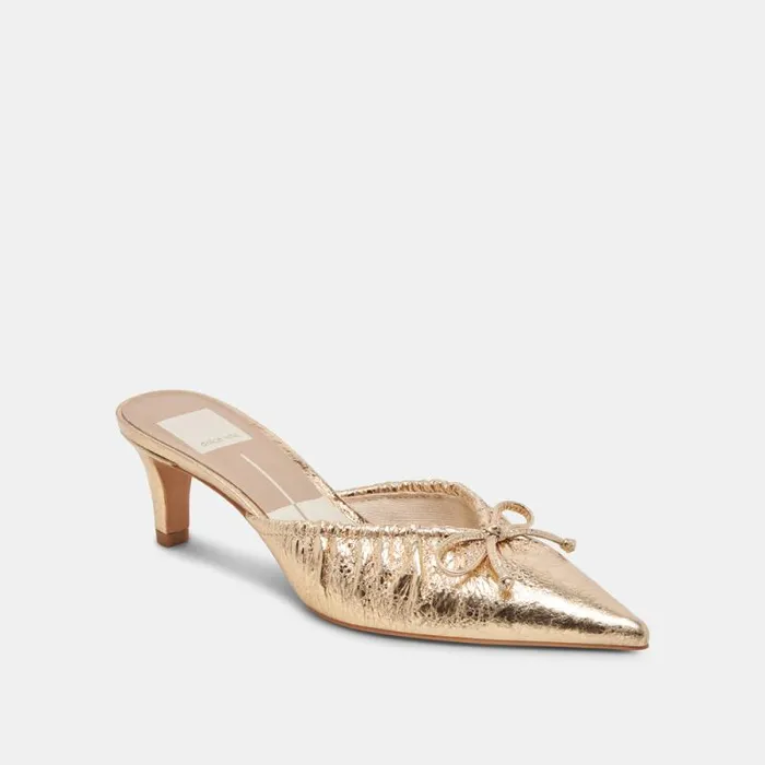 Dolce Vita Kairi Mid Heels Gold Distressed Leather Women Mules and Clogs
