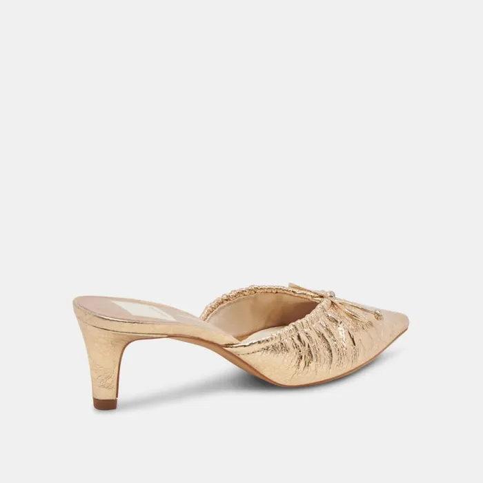 Dolce Vita Kairi Mid Heels Gold Distressed Leather Women Mules and Clogs