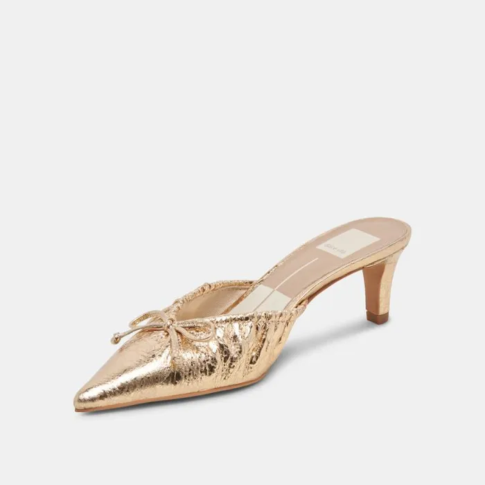 Dolce Vita Kairi Mid Heels Gold Distressed Leather Women Mules and Clogs