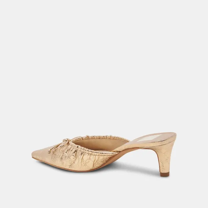 Dolce Vita Kairi Mid Heels Gold Distressed Leather Women Mules and Clogs