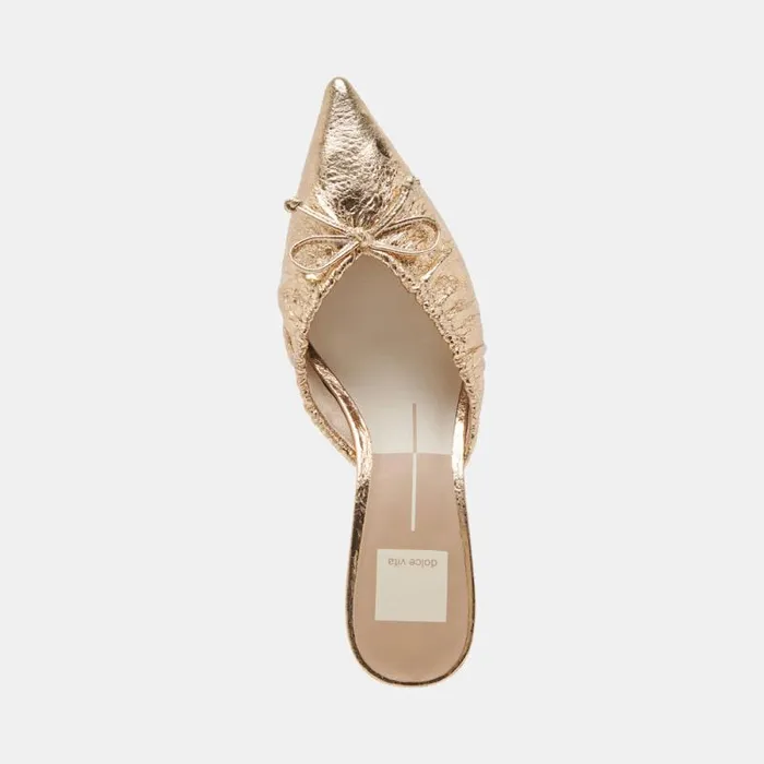 Dolce Vita Kairi Mid Heels Gold Distressed Leather Women Mules and Clogs