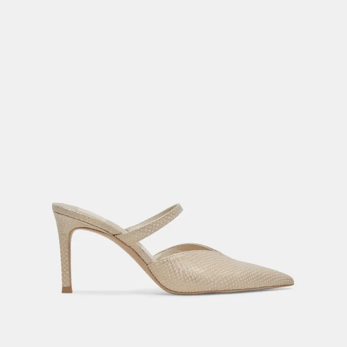 Dolce Vita Kanika Heels Champagne Embossed Leather Women Mules and Clogs
