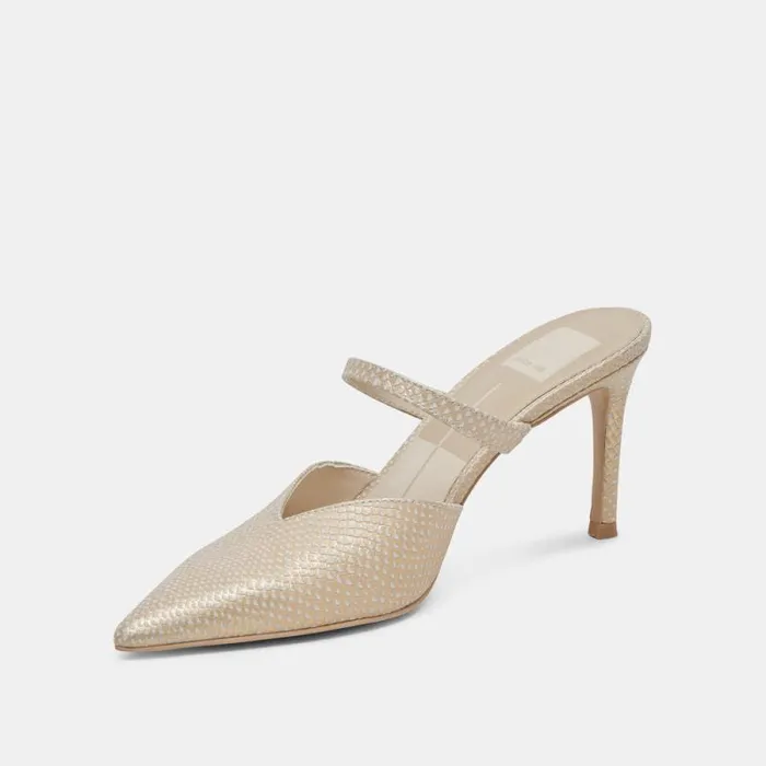Dolce Vita Kanika Heels Champagne Embossed Leather Women Mules and Clogs