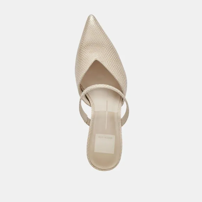 Dolce Vita Kanika Heels Champagne Embossed Leather Women Mules and Clogs