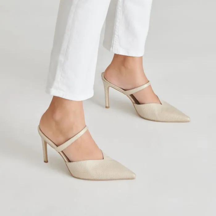 Dolce Vita Kanika Heels Champagne Embossed Leather Women Mules and Clogs