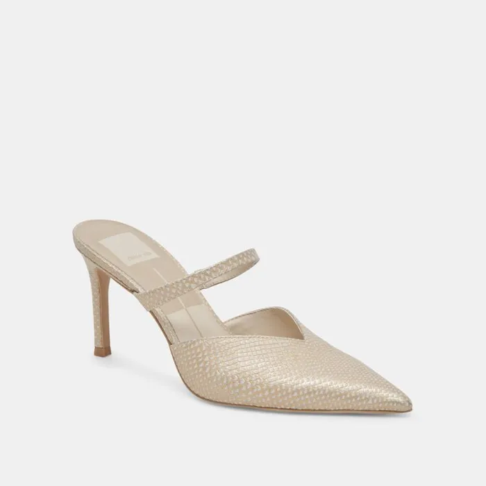 Dolce Vita Kanika Heels Champagne Embossed Leather Women Mules and Clogs