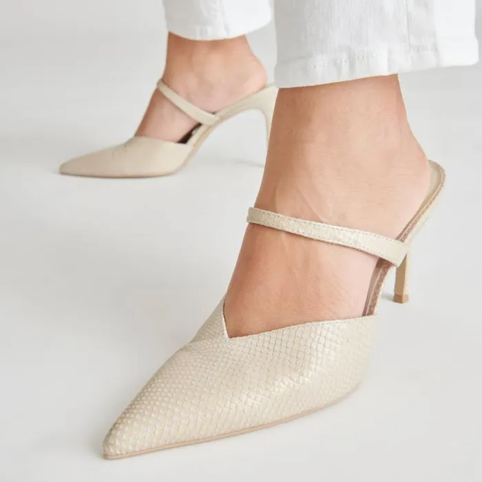 Dolce Vita Kanika Heels Champagne Embossed Leather Women Mules and Clogs