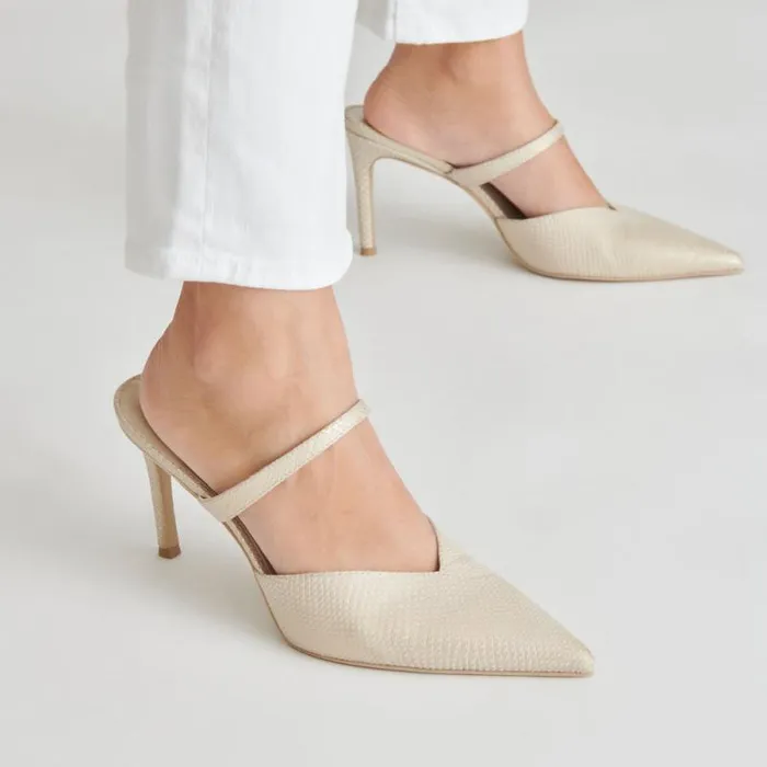 Dolce Vita Kanika Heels Champagne Embossed Leather Women Mules and Clogs