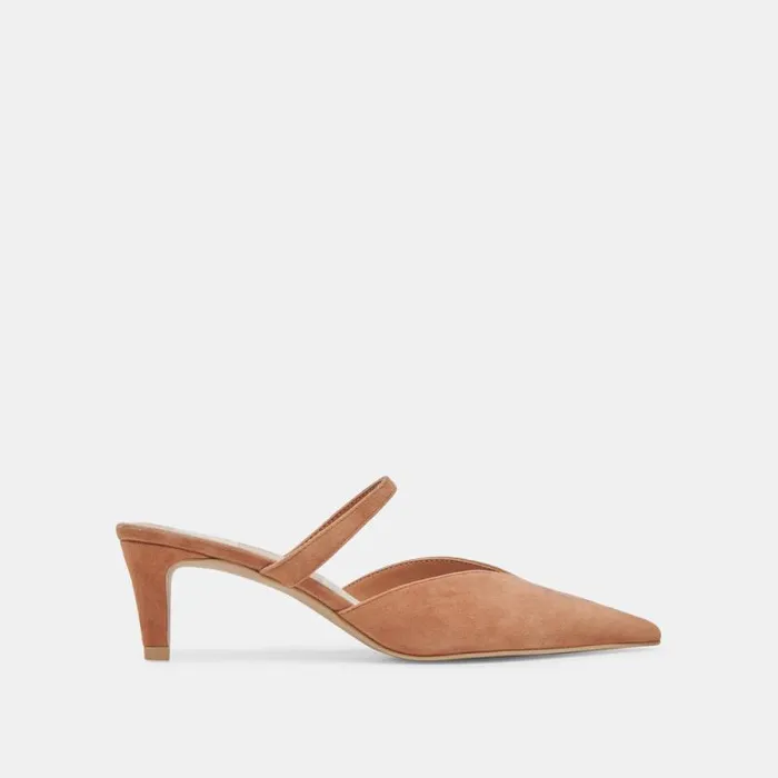 Dolce Vita Kanika Mid Heels Brown Suede Women Mules and Clogs