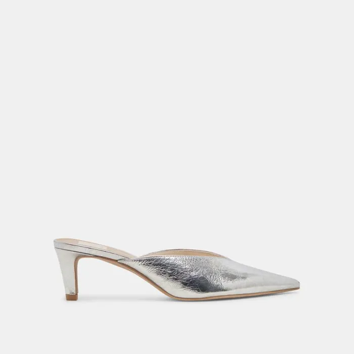 Dolce Vita Sarina Heels Silver Distressed Leather Women Mules and Clogs