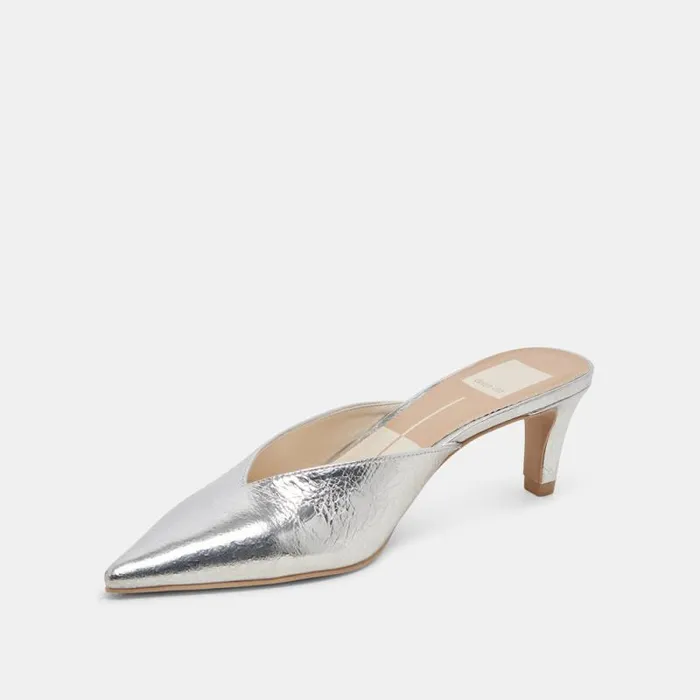 Dolce Vita Sarina Heels Silver Distressed Leather Women Mules and Clogs
