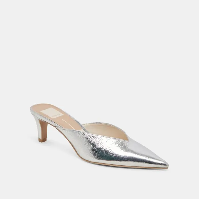 Dolce Vita Sarina Heels Silver Distressed Leather Women Mules and Clogs