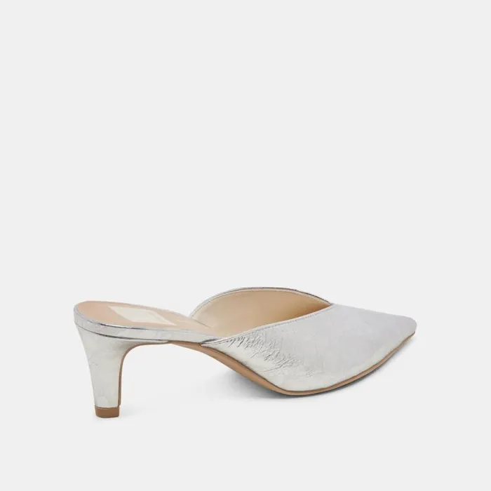 Dolce Vita Sarina Heels Silver Distressed Leather Women Mules and Clogs