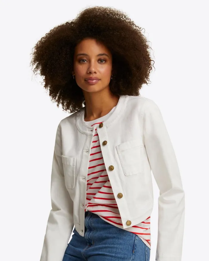 Draper James Jackets and Outerwear Women Collarless Jacket In White Denim